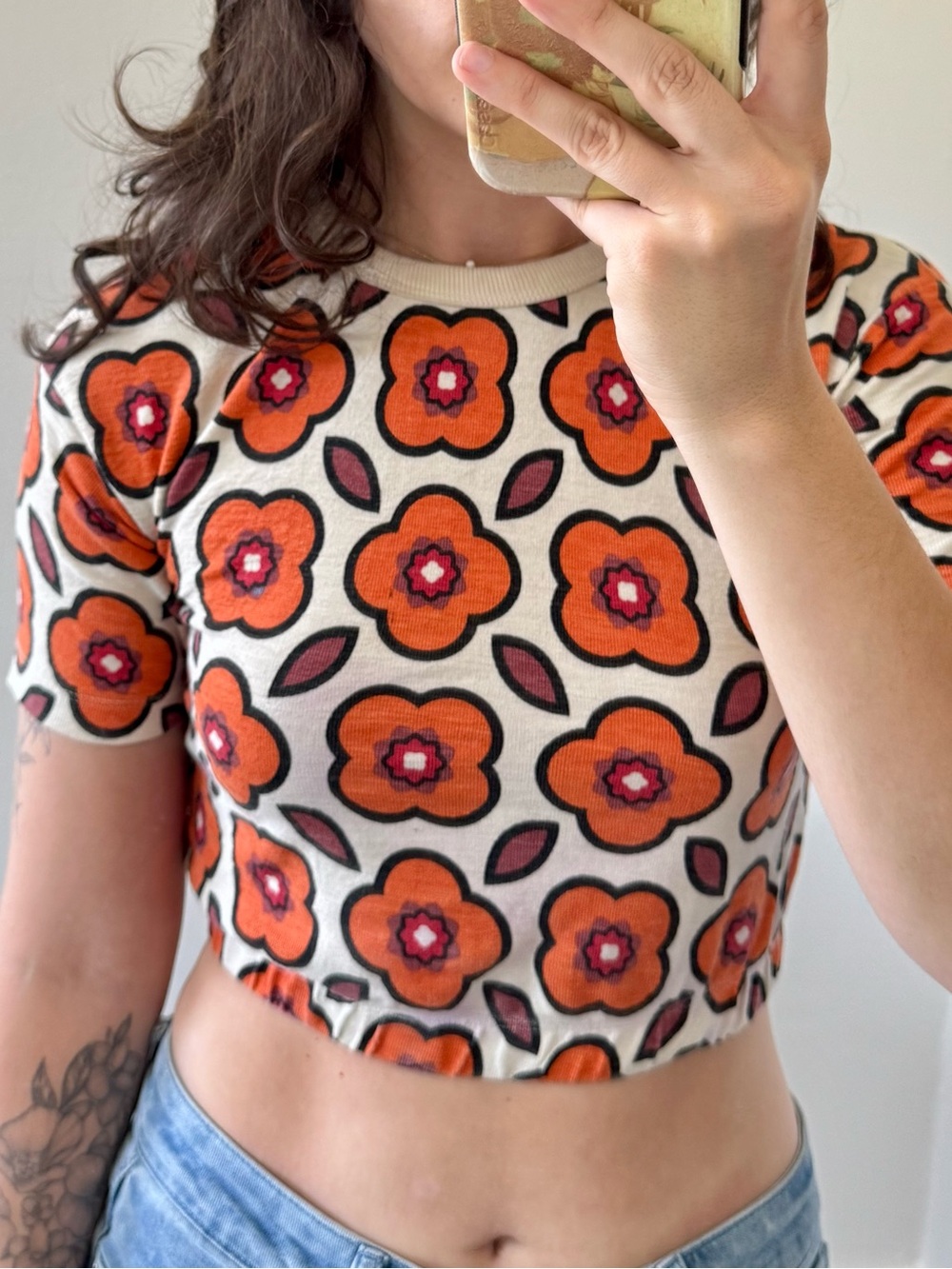 Retro Orange Bold Floral Crop Sweater Top